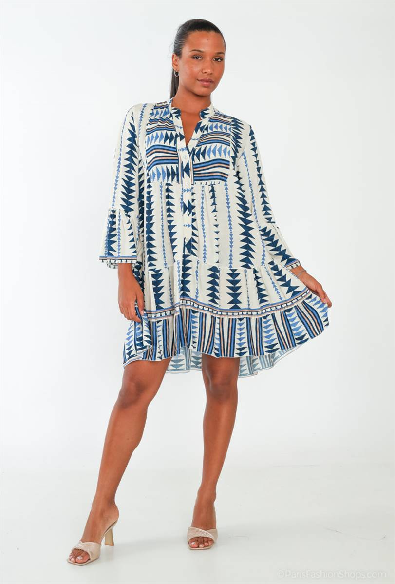 Robe evasee mi longue geometrique Bleue et blanche Comptoirs de Magellan