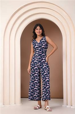 Combinaison fluide KOCHA bleu à motifs oiseaux