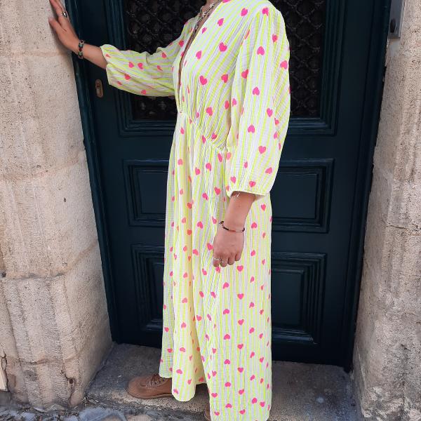 Robe longue blanche rayée orange œurs roses gaze de coton