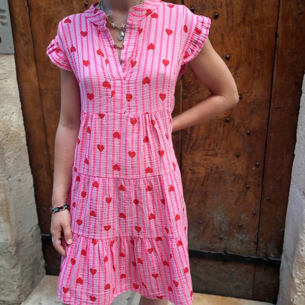 Robe rayée fluo rose à cœurs rouges gaze de coton
