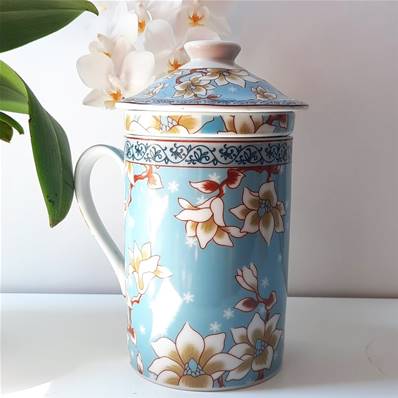 Tisanière chinoise antique bleu ciel et fleurs blanches