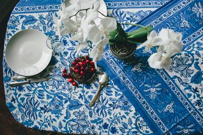 Tenture indienne coton blockprint 225x270cm bleu et blanc