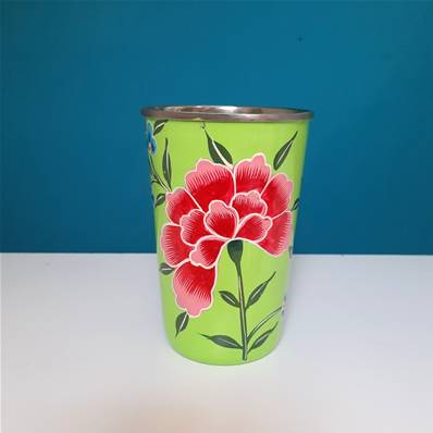 Gobelet indien peint à la main vert œillets roses GM