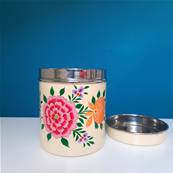 Boite inox indienne peinte à la main jaune motif fleur GM