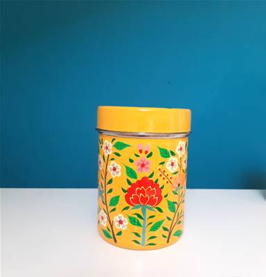 Boite inox indienne peinte à la main jaune motif fleurs grande