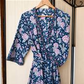 Kimono Indien Artisanal Coton bleu nuit pivoines roses