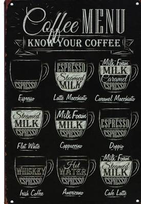 Plaque métal 20x30 vintage COFFEE MENU vintage.