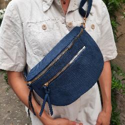 Sac banane double velour cotelé bleu