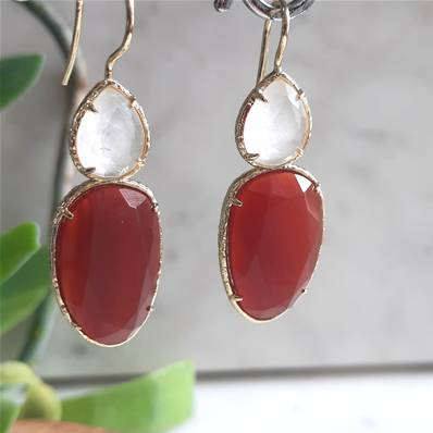 Boucles d'oreilles crochet 2 pierres naturelles Cornaline et Cristal de Roche