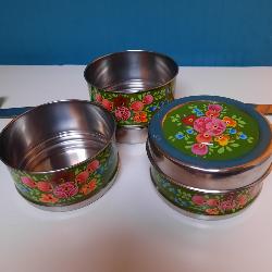 Lunch box 3 étages verte, peinte à la main artisanat indien