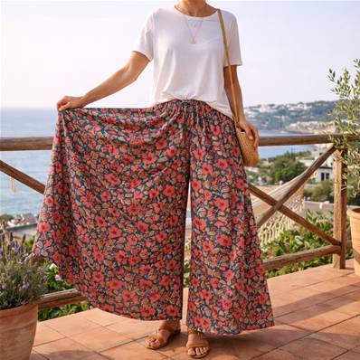Pantalon large taille unique fleurs orange