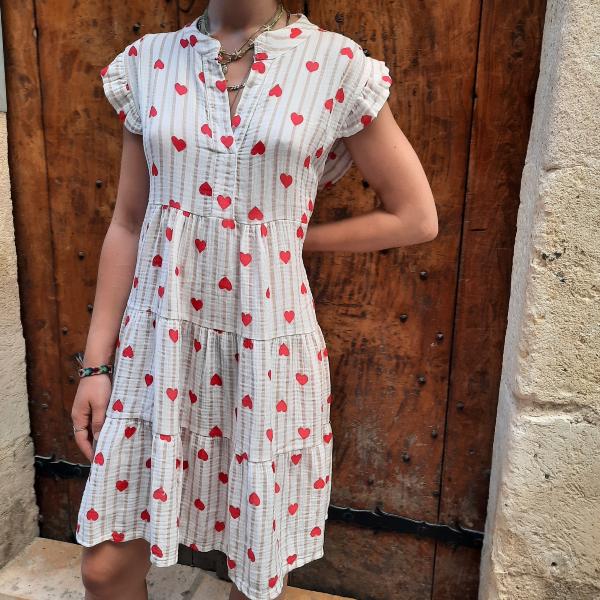 Robe rayée beige à cœurs rouges gaze de coton