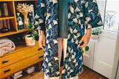 Kimono long indigo éthnique motifs Gingkos et libéllules