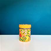 Boite inox indienne peinte à la main jaune motif fleurs petite