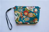 Trousse japonaise zippée motif fleuri turquoise