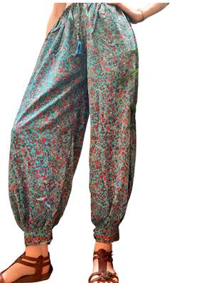 Pantalon large resserré aux chevilles fleuri turquoise