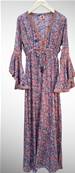 Robe longue en soie col v décolleté lacets bleu fleurs roses