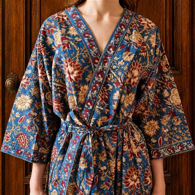 Kimono Indien Artisanal Coton bleu fleurs or et rouge
