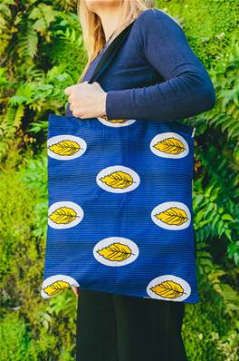 Sac Tote BAG en tissus africain WAX, bleu feuilles jaunes