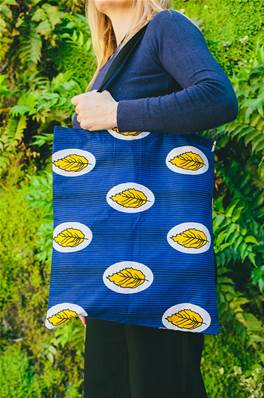 Sac Tote BAG en tissus africain WAX, bleu feuilles jaunes