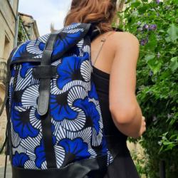 Sac à dos en wax fleur de mariage bleu