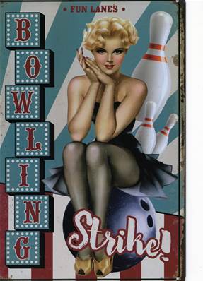 Plaque métal 20x30 vintage PIN UP "BOWLING strike".