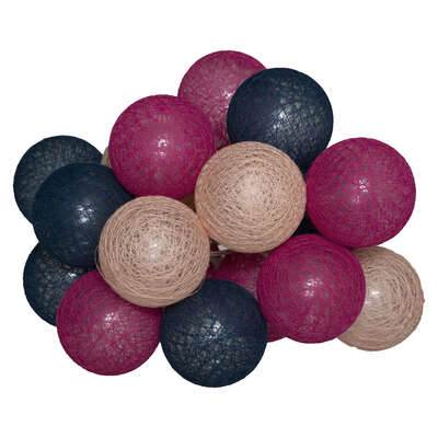 Guirlande de 20 boules lumineuses multicolores roses bleues beiges Leds. Alimentation sur secteur.