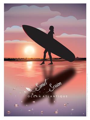 Affiche Surf planche sunset session 30x40cm Plume25