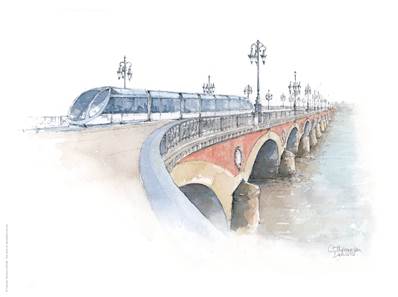 Affiche pont de Pierre Tramways Bordeaux 30x40cm Aquarelle21