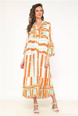 Robe évasée longue géométrique orange