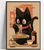 Affiche Chat noir qui mange un ramen 30cm x 40 cm