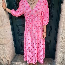Robe longue rayée rose cœurs rouges gaze de coton