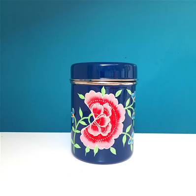 Boite inox indienne peinte à la main bleu nuit œillet rose GM