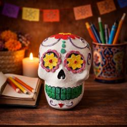 Statut t�te de mort mexicaine blanc fleur petit mod�le