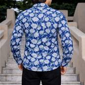 Chemise homme manche longue fleurs bleues
