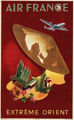 Affiche vintage déco de collection Air France Extrême Orient chapeau 50x70cm