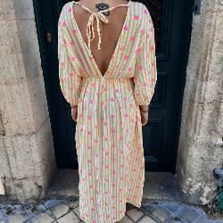 Robe longue rose cœurs rouges gaze de coton