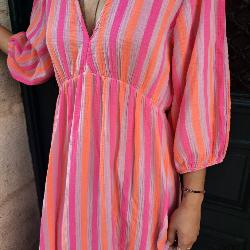 Robe longue rayée rose orange fluo gaze de coton