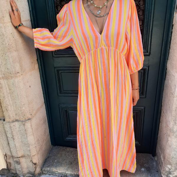 Robe longue rayée rose jaune orange fluo gaze de coton