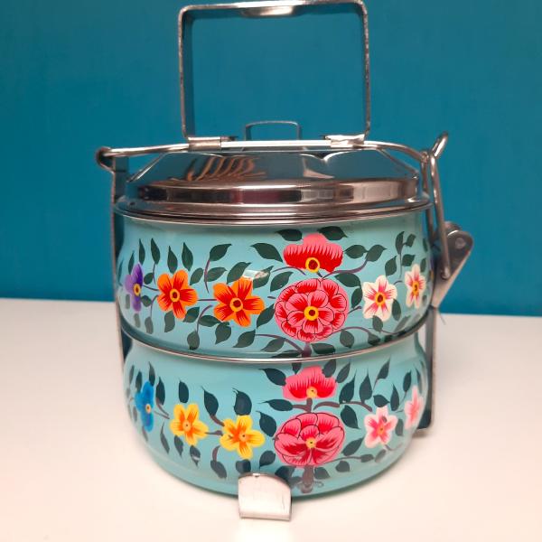 Lunch box bleue Peinte à la Main - Un voyage culinaire en Inde