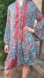 Robe tunique en soie manche longue turquoise fleurs rouges