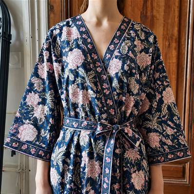 Kimono Indien Artisanal Coton bleu nuit pivoines roses