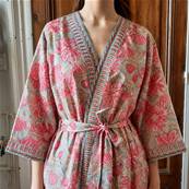 Kimono Indien Artisanal Coton gris bleu fleurs roses