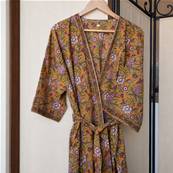 Kimono Indien Artisanal Coton jaune motif végétale