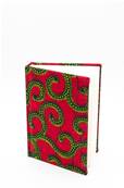 Carnet de notes, tissu WAX africain, Rouge arabesques jaunes