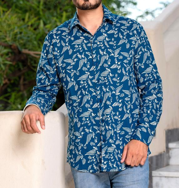 Chemise homme manche longue bleue motifs oiseaux