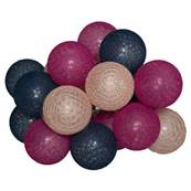 Guirlande de 20 boules lumineuses multicolores roses bleues beiges Leds. Alimentation sur secteur.