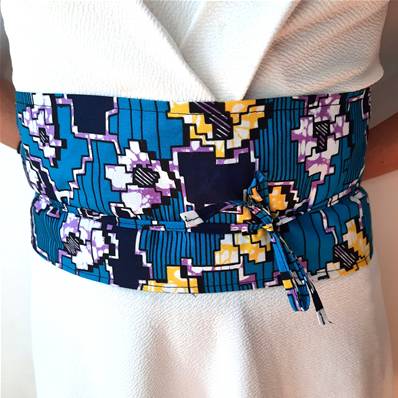 Ceinture obi wax bleu jaune violet