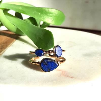 Bague 2 Rangs dorée, 3 Pierres Lapis-Lazuli et Acier Inoxydable
