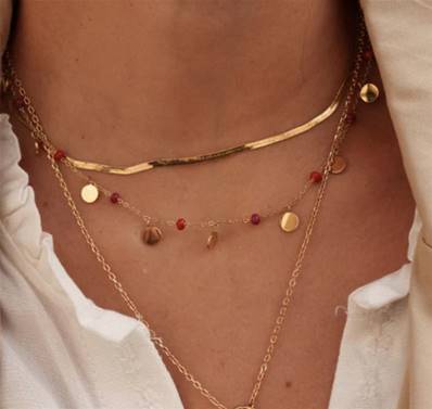 Sautoir 2 rangs avec maille miroir, pampilles rondes, perles émaillées